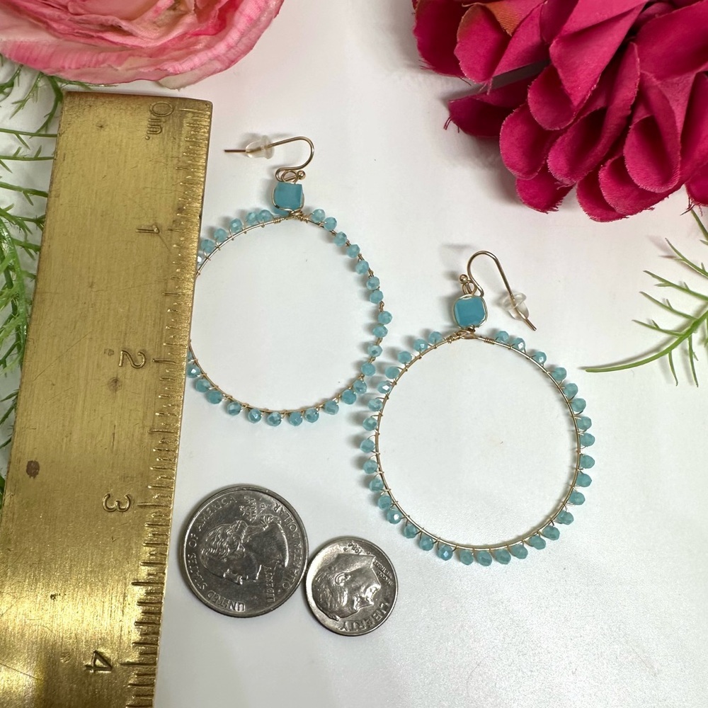 NEW⚜️Aqua Beaded Glass Handmade Hoop Earrings - Picture 6 of 7